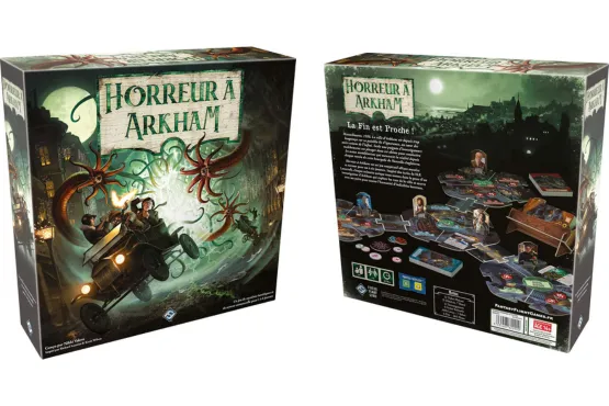 Recto et verso de la boîte du jeu Horreur à Arkham, montrant le visuel et les composants du jeu.