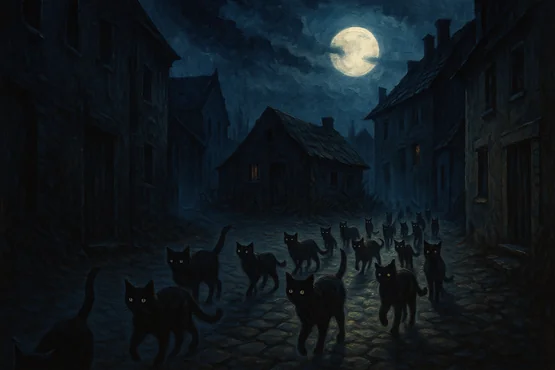 Une armée de chats noirs traverse les rues sous la lune, comme guidée par un dessein mystérieux.