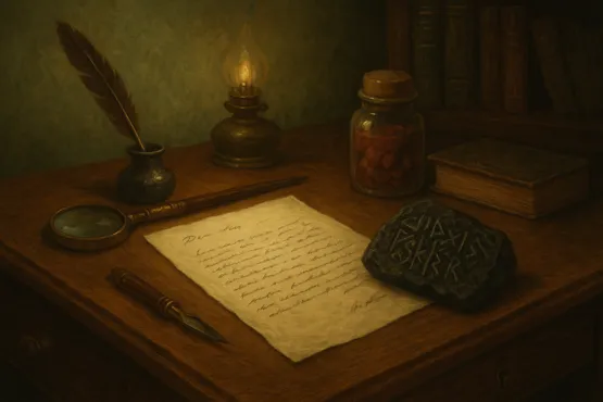 Un bureau ancien avec plume, lettre manuscrite, artefact runique et livres anciens.
