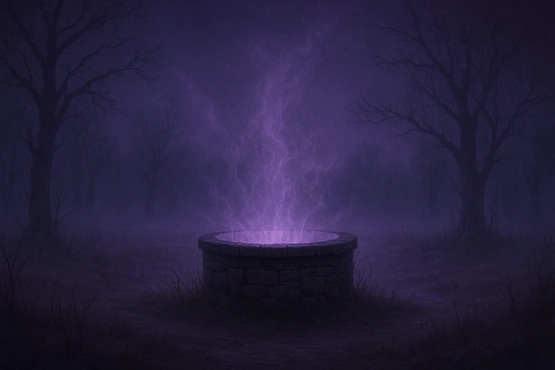 Puits en pierre d’où s’échappe une lueur violette surnaturelle, élément central du récit de Lovecraft.