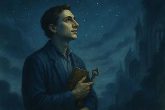 Illustration de Randolph Carter regardant les étoiles, livre et clé en main