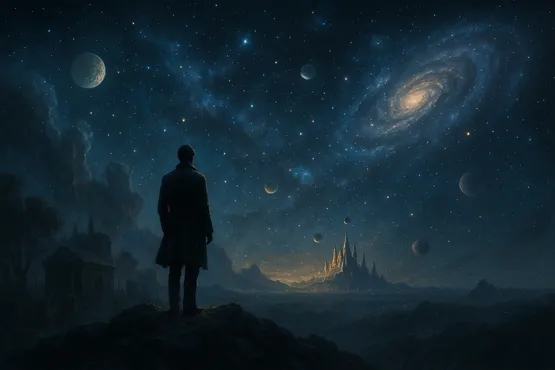 Un homme observe une cité dorée à l’horizon sous un ciel rempli de galaxies et de planètes