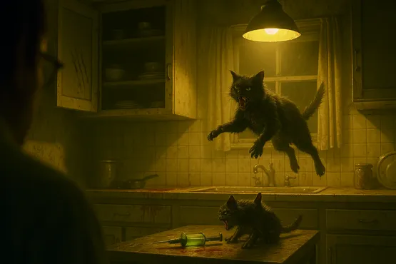 Scène chaotique dans une cuisine ensanglantée avec un chat enragé