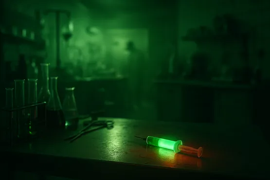 Image promotionnelle avec seringue verte et ambiance de laboratoire sombre