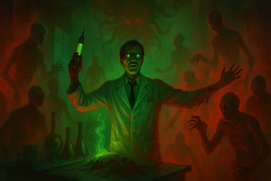 Un scientifique brandissant une seringue face à une horde de morts-vivants