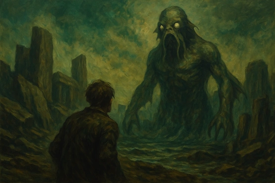 Un homme fait face à la créature monstrueuse Dagon au milieu de ruines cyclopéennes, dans une ambiance angoissante et surnaturelle.