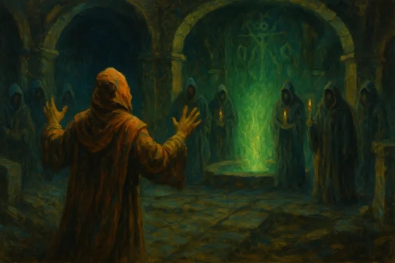 Un culte mystérieux effectue un rituel ancien dans une caverne souterraine de Kingsport, tiré de la nouvelle le festival de lovecraft.