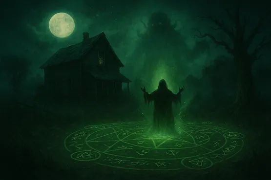 Rituel occulte sous la lune avec entité émergeant des ténèbres
