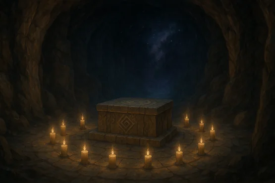 Un autel entouré de bougies dans une caverne, lieu d’un rituel occulte lié à Kingsport.