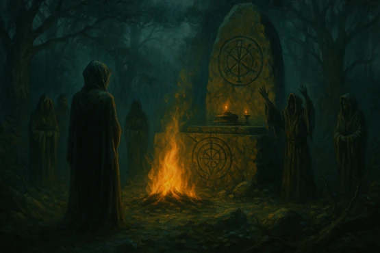 Culte lovecraftien autour d’un autel de pierre gravé, au milieu de la forêt et d’un feu cérémoniel.