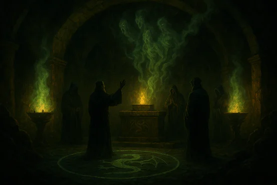 Culte secret invoquant des esprits dans une crypte souterraine illuminée de flammes vertes