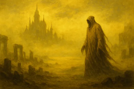 Silhouette encapuchonnée s’avançant vers une cité floue sur fond jaune