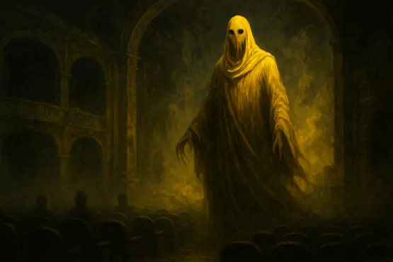 Figure masquée spectrale se dressant devant un public vide dans un théâtre sombre