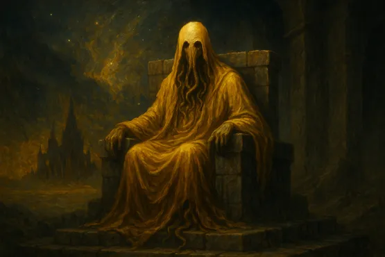 Entité au masque jaune assise sur un trône de pierre, avec Carcosa en arrière-plan