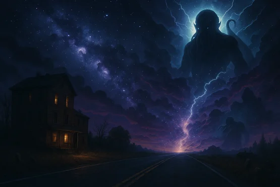 Route déserte menant à un ciel rempli d’éclairs, dominé par la silhouette géante de Cthulhu