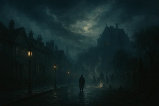 Un homme marche seul dans une rue brumeuse menant à une sombre demeure victorienne, inspiré de L’Affaire Charles Dexter Ward