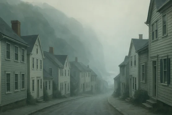 Une rue déserte et brumeuse de Kingsport menant à l’océan dans une atmosphère inquiétante.