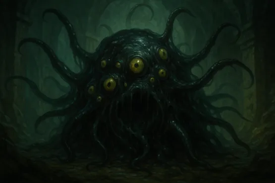 Shoggoth au cœur d’une grotte, surgissant dans l’ombre avec ses multiples yeux luisants