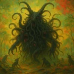 Apparition de Shub-Niggurath sous forme de Chèvre Noire monstrueuse, entourée de bêtes dans une forêt aux couleurs irréelles.