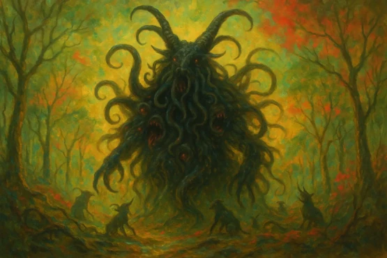 Apparition de Shub-Niggurath sous forme de Chèvre Noire monstrueuse, entourée de bêtes dans une forêt aux couleurs irréelles.