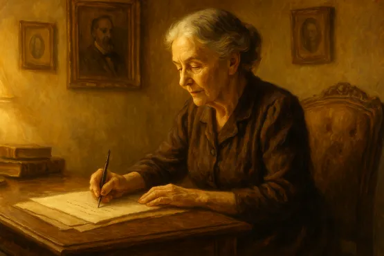 Une femme âgée rédige une lettre à la lueur d’une lampe