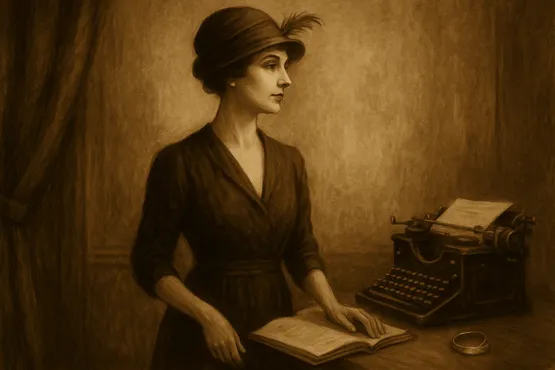 Portrait d’une femme élégante en sépia avec un manuscrit et une bague