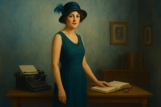 Jeune femme en robe bleue avec machine à écrire et livre