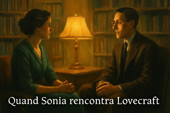 Sonia et Lovecraft assis face à face dans une pièce éclairée