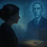 Une femme contemplant le fantôme de Lovecraft dans une ambiance nocturne