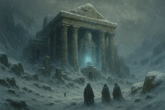 Un temple cyclopéen lovecraftien enfoui dans la neige, entouré de trois silhouettes encapuchonnées