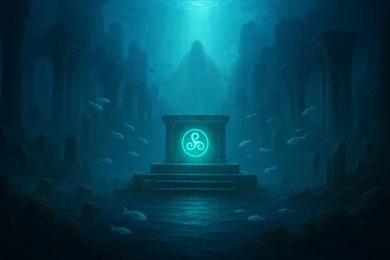 Temple ancien sous les eaux, orné d’un symbole lumineux, évoquant le culte de Nodens