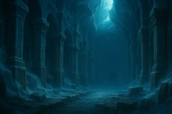 Couloir ancien et glacial menant à une silhouette monstrueuse dans les ténèbres