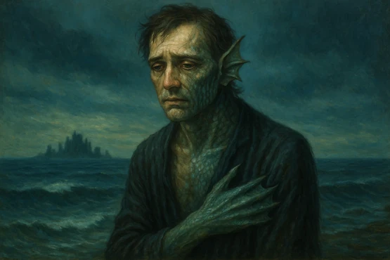 Homme en pleine mutation en Profond, avec des écailles et des branchies, dans une scène inspirée de Le Cauchemar d’Innsmouth de Lovecraft.