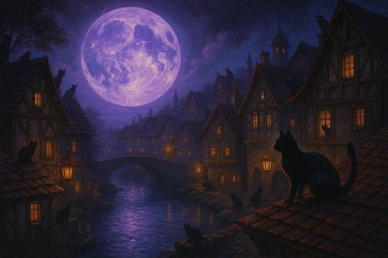 Vue nocturne du village d’Ulthar avec de nombreux chats noirs perchés sur les toits sous une pleine lune violette.