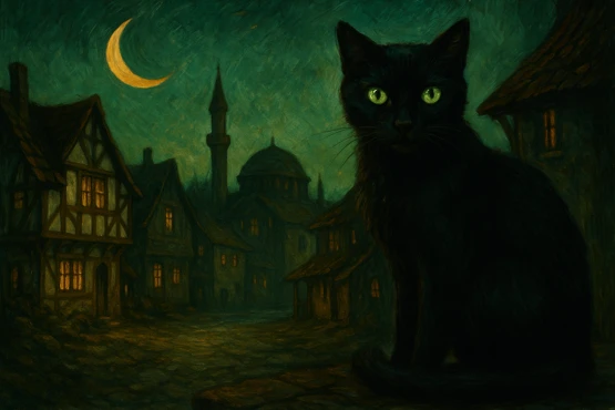Chat noir aux yeux verts dans une ruelle du village d’Ulthar, éclairée par un croissant de lune.