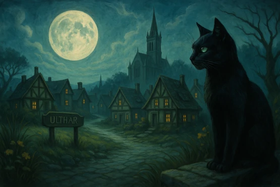 Illustration du village imaginaire d’Ulthar éclairé par la pleine lune, avec un chat noir au premier plan.