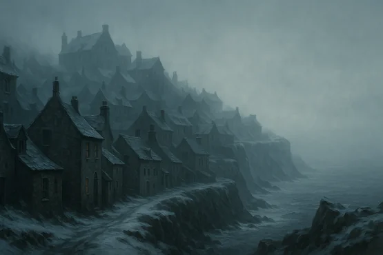 Anciennes maisons grises perchées sur une falaise embrumée, dans une atmosphère surnaturelle.