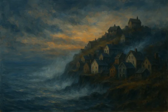 Le village de Kingsport enveloppé de brouillard sur une falaise surplombant l’Atlantique.