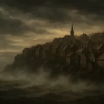 Kingsport vue depuis l’océan à l’heure bleue, avec des lumières scintillantes dans la brume.