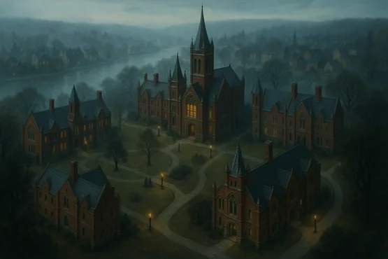 Vue en hauteur de la Miskatonic University dans un paysage brumeux et mystérieux