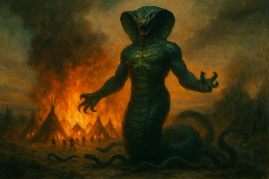 Le dieu-serpent Yig surgit au milieu des flammes dans un ancien village