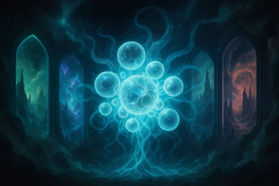 Représentation cosmique de Yog-Sothoth entouré de portails dimensionnels et d’énergies célestes.