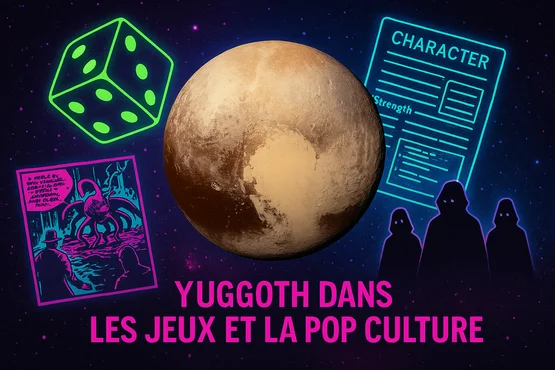 Illustration colorée de Yuggoth et ses références dans la culture geek.