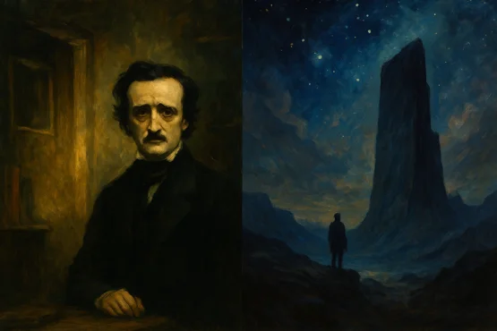 Illustration contrastée de l’horreur intime de Poe et de l’horreur cosmique de Lovecraft