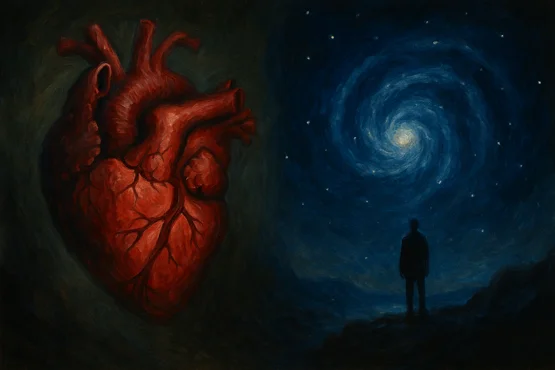 Un cœur rouge et un homme contemplant la galaxie, symbolisant deux formes d’angoisse