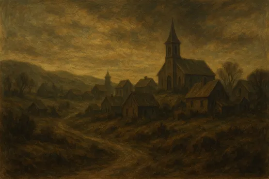Paysage lugubre représentant Dunwich, lieu de magie noire chez Lovecraft
