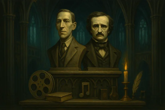 Bustes de Poe et Lovecraft entourés de symboles de la culture populaire et gothique