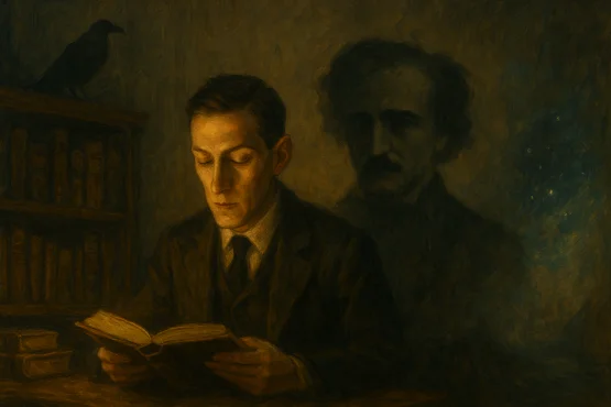 Lovecraft lisant un livre sous l’ombre symbolique d’Edgar Allan Poe