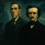 Portrait artistique de H.P. Lovecraft et Edgar Allan Poe dans un décor fantastique