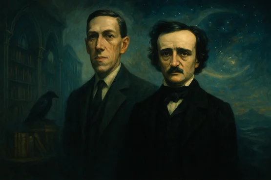 Portrait artistique de H.P. Lovecraft et Edgar Allan Poe dans un décor fantastique